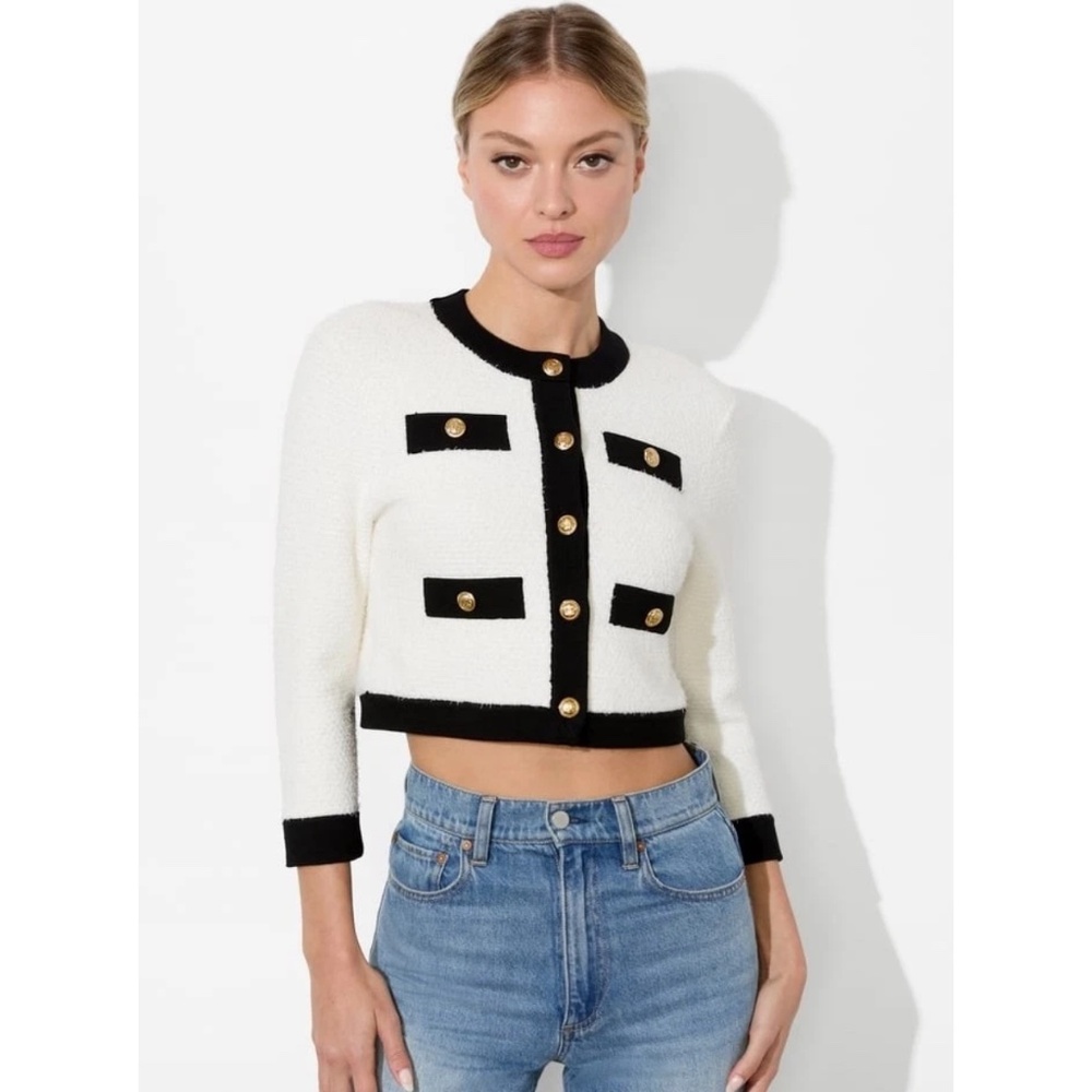 Alice + Olivia Claira White Black Knit Cropped Cardigan Sweater size XL